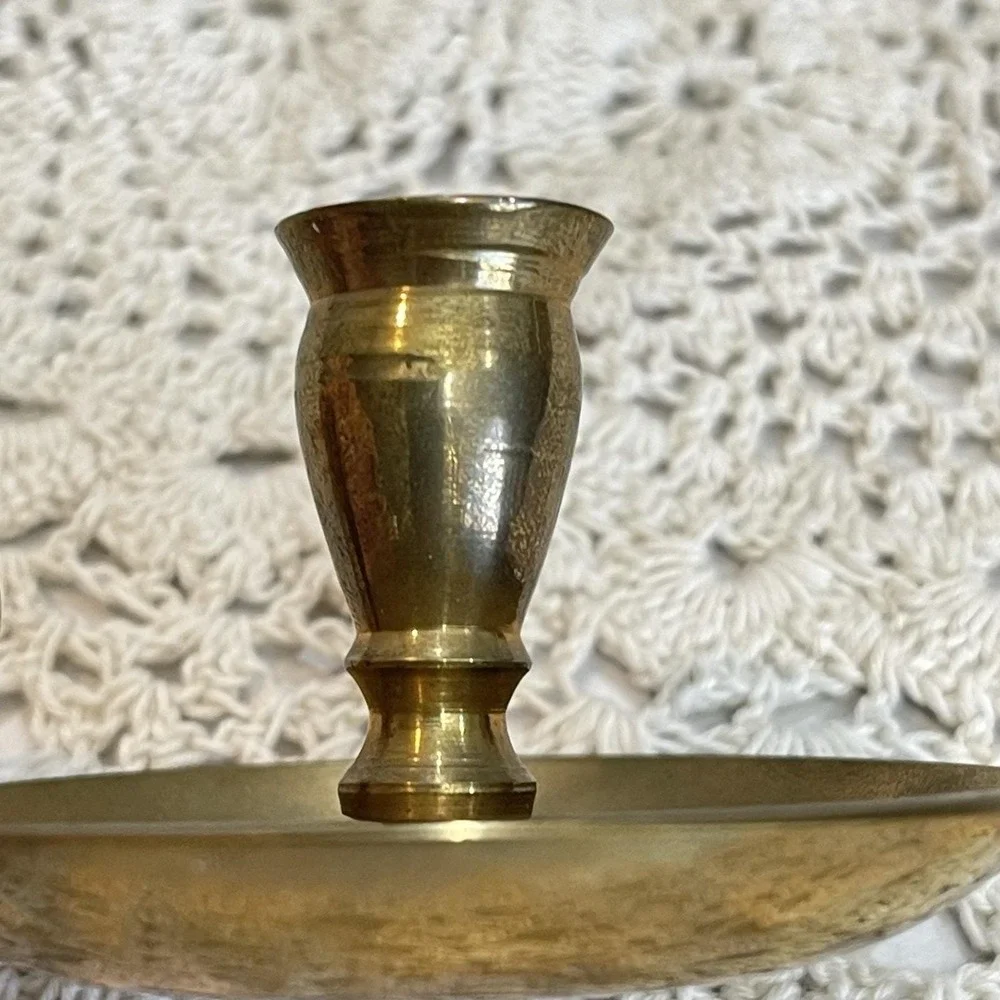 Vintage 1980s Solid Brass Mini Finger Loop Drip Tray Stick Candle Holder India